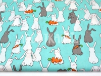 Ткань Кролики белые и серые с морковками на бирюзовом КИТ 125г/м2 шир. 160см производства Китай состав Хлопок 100%