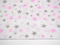 Ткань Звезды розовые и серые маленькие и большие на белом 125г/м2 шир.160см производства Польша состав Хлопок 100%