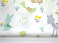 Ткань Лисенок олененок зайчик и птичка серо-бежево-зеленые на белом КИТ 125г/м2 производства Китай состав Хлопок 100%