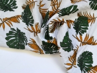 Ткань Муслин двухслойный (жатка) Тропические листья горчично-зеленые на белом 125г/м2 шир. 135см производства Китай состав Хлопок 100%