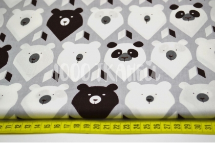 Мордочки медведей треугольные черные и белые на светло-сером КИТ 125г/м2 шир. 160см 