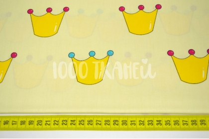 Короны желтые с бирюзовыми и амарантовыми горошками на ванильном 125г/м2 шир. 160см