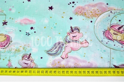 Единороги розовые в облаках на светло-мятном (Золотой глиттер) 125г/м2 ши
