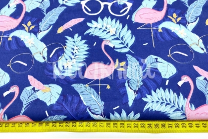 Фламинго и очки в тропиках на синем КИТ 125г/м2 шир. 160см