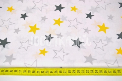Звезды и контуры звезд желтые и темно-серые на белом 125г/м2 шир. 160см