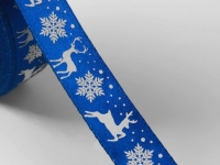 Ткань Лента атласная «Олени», 15 мм, цвет синий №122 производства Китай состав Полиэстер 100%