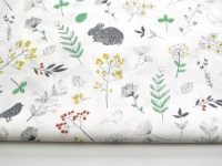 Ткань Кролики и птички серые среди листиков зеленых на белом КИТ 125г/м2 шир. 160см производства Китай состав 100% Хлопок