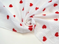 Ткань Муслин двухслойный (жатка) Красные сердечки на белом 125г/м2 шир. 135см производства Китай состав 100% Хлопок