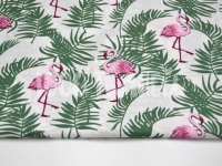 Ткань Фламинго и зеленые папоротники на белом 115г/м2 шир. 160см производства Польша состав Хлопок 100%