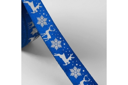 Лента атласная «Олени», 15 мм, цвет синий №122