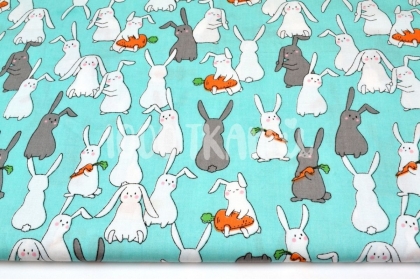 Кролики белые и серые с морковками на бирюзовом КИТ 125г/м2 шир. 160см