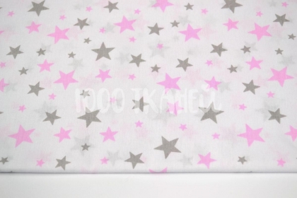 Звезды розовые и серые маленькие и большие на белом 125г/м2 шир.160см