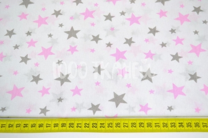 Звезды розовые и серые маленькие и большие на белом 125г/м2 шир.160см