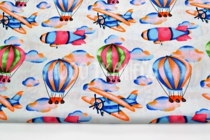 Самолеты и воздушные шары разноцветные на светло-сером 125г/м2 шир.160см