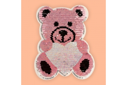 Термоаппликация двусторонняя "Медведь", с пайетками, 19*17см, цв. розовый/серебряный