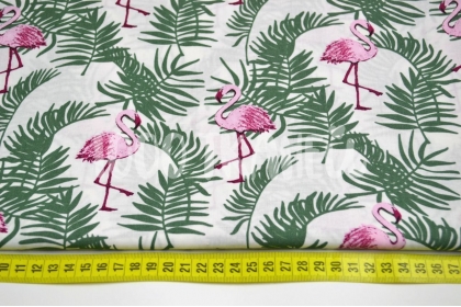 Фламинго и зеленые папоротники на белом 115г/м2 шир. 160см