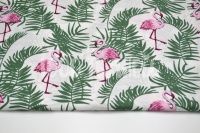 Ткань Фламинго и зеленые папоротники на белом 115г/м2 шир. 160см производства Польша состав Хлопок 100%