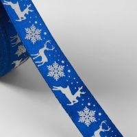 Ткань Лента атласная «Олени», 15 мм, цвет синий №122 производства Китай состав Полиэстер 100%